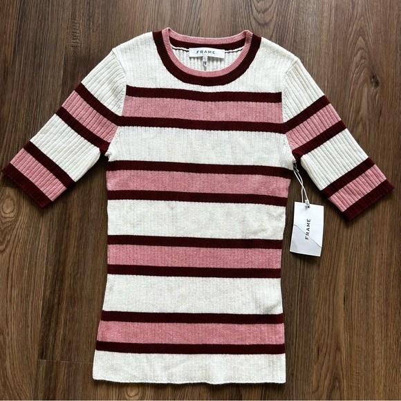 Frame Denim Sweaters - FRAME Wool Blend Panel Stripe Ribbed Knit Crewneck Sweater XS Top Pink Shirt NEW